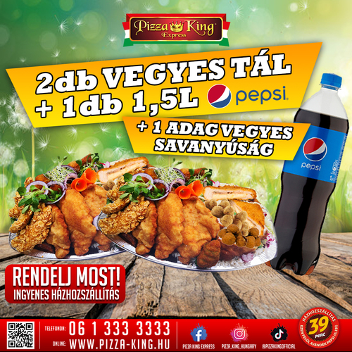 Pizza King 7 - 2db vegyes tál, 1db 1,5l pepsi és egy adag vegyes savanyúság - Szuper ajánlat - Online rendelés