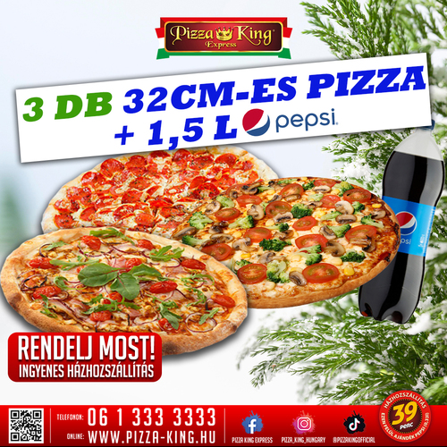 Pizza King 7 - 3 db normál pizza 1,5 literes Pepsivel - Szuper ajánlat - Online rendelés